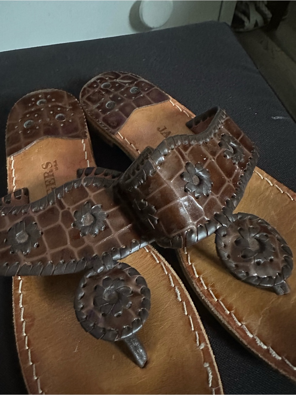 Jack Rogers Brown Croc-Embossed Floral Thong Sandals